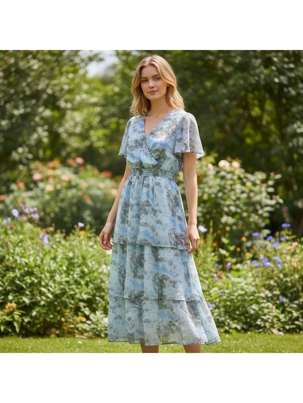Hayden Los Angeles Women’s Large Midi Dress Blue Tie Dye Tiered